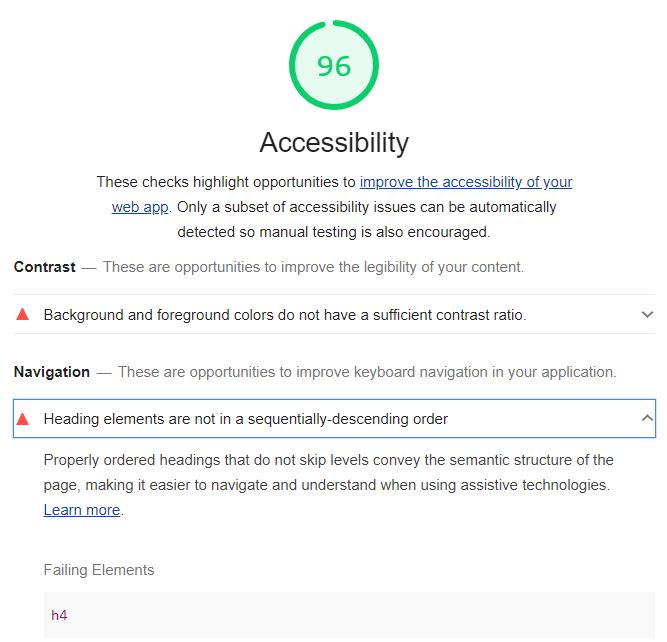 Captura de pantalla con el resultado de la auditoría de accesibilidad de Lighthouse 6.0. Resultado 96%, error detectado a nivel de contraste, error en  la jerarquía de los encabezados