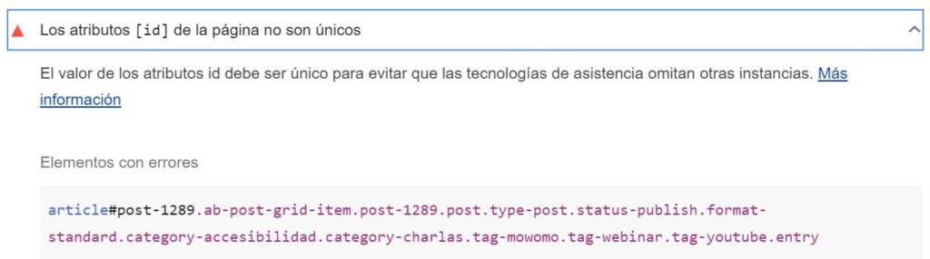 Resultado de una auditoría de Lighthouse, indica que hay un atributo id duplicado en la página