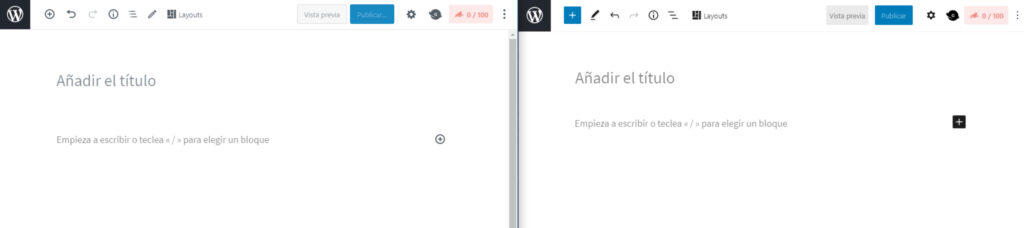 Captura de pantalla del editor de la versión anterior de Word<press (izquierda) y el de la versión 5.5 (derecha)
